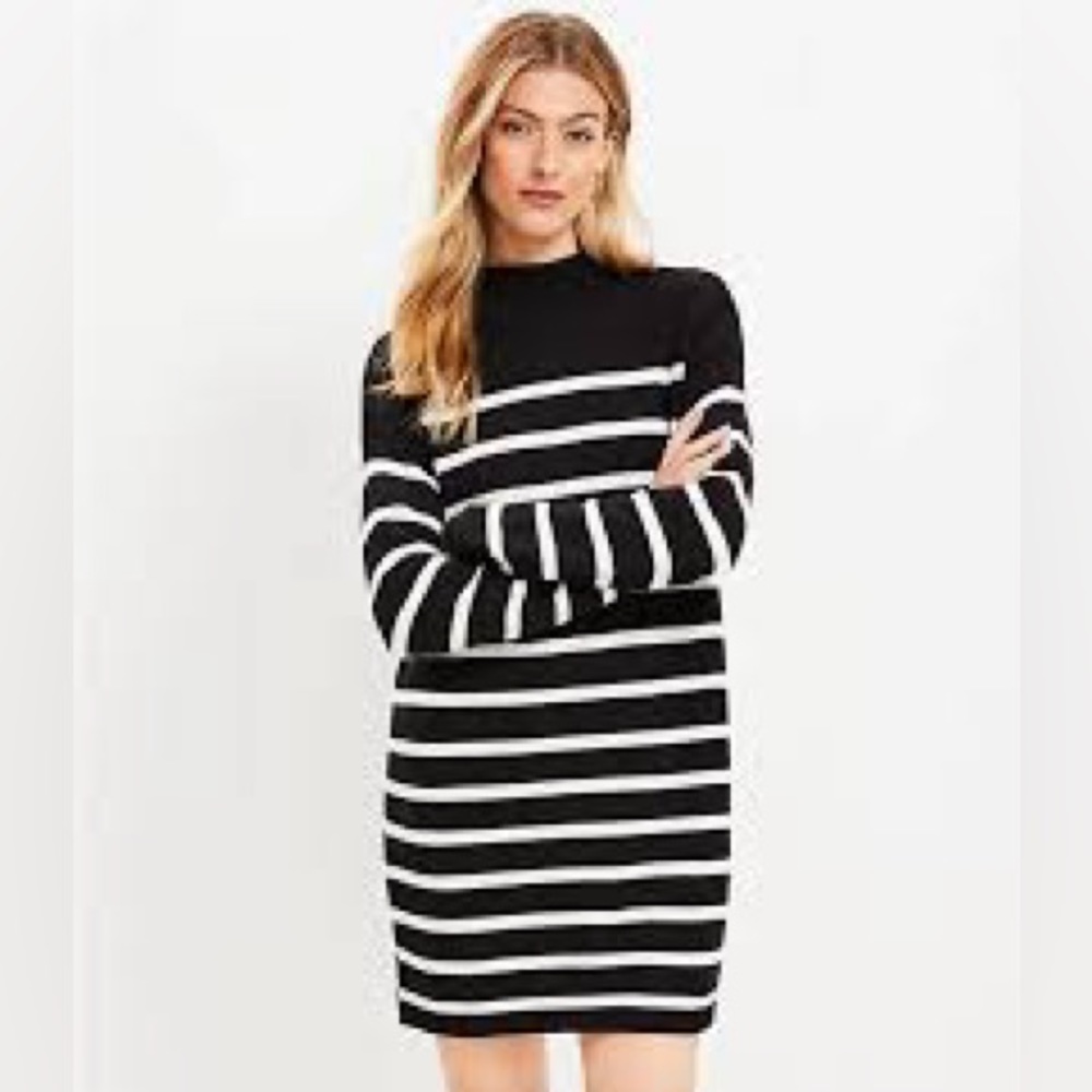 LOFT Striped Drop Shoulder Mock Neck Sweater Dress